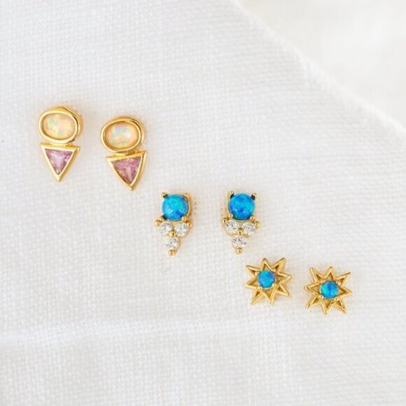 Tiny Stud Earrings Opal and Pink CZ Triangle Opal & Crystal Dainty Studs PRETTY - Picture 9 of 12